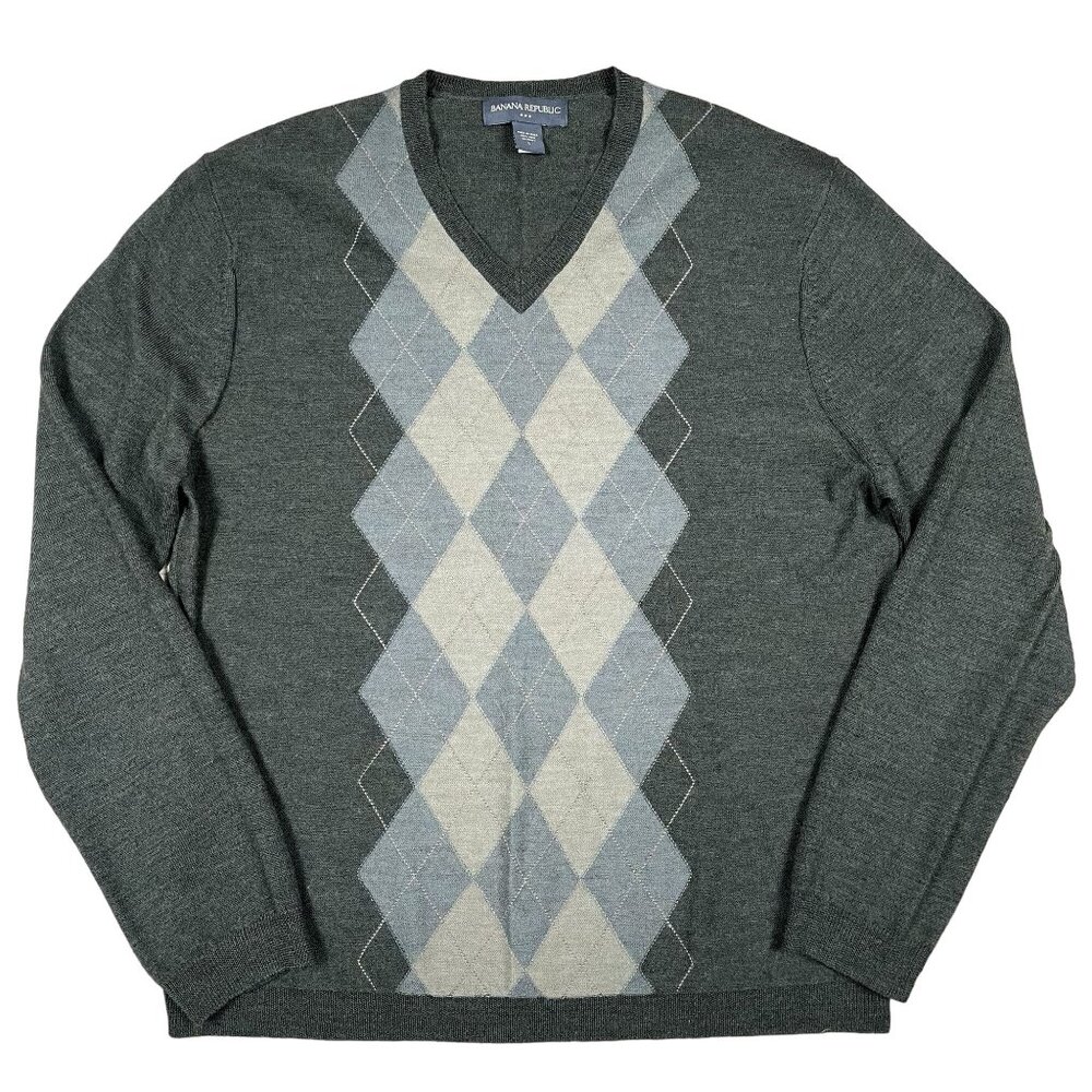 Banana Republic‎ Argyle Sweater Mens Large 100% Wool Green V-Neck